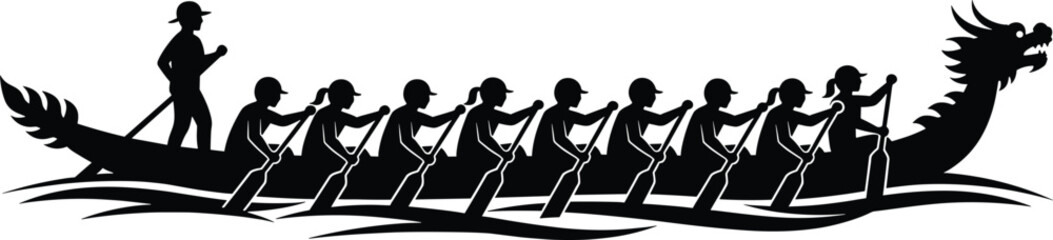Dragon boat team rowing on water with dragon head sport, dragon boat, rowing, team, sport, race, water, boat, people, paddling, oars, competition, traditional, asian, culture, activity, movement, ener