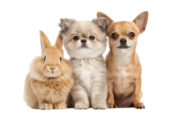 Adorable Trio of Pets: Rabbit, Fluffy Puppy, and Chihuahua Studio Portrait isolated on a transparent background