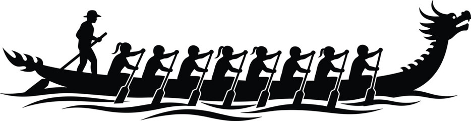 Dragon boat team rowing on water with dragon head sport, dragon boat, rowing, team, sport, race, water, boat, people, paddling, oars, competition, traditional, asian, culture, activity, movement, ener
