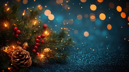 Christmas lights, pine branches, festive background, for holiday greeting cards