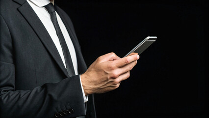 A successful businessman in a suit is holding a smart phone, communicating or working with technology