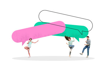 Full 3d poster image trendy collage photo of happy girls guy stand bubble communication speech...