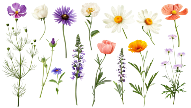 Collection of various blooming flowers on transparent background isolated on transparent background