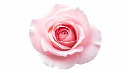 Close up of a delicate light pink rose with vibrant pink center detailed petals isolated on white background