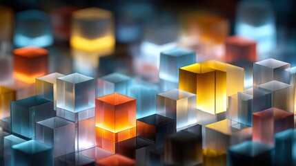 A vibrant arrangement of transparent cubes in various colors, a dynamic and illuminated visual effect, ai tech merged background