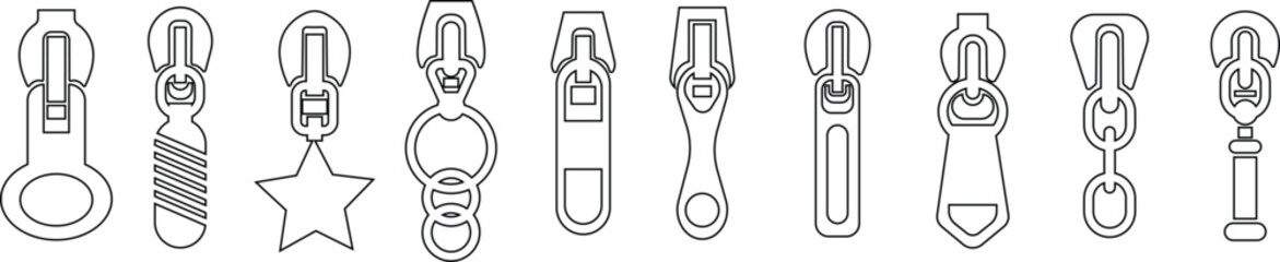 Obraz premium Zipper Icon Set, Fastener, Slider, and Zip Symbol Collection and Group, Clothing, Bag, and Textile Accessory Vector Fashion Tool, Sewing, Tailoring, Lock, and Stitch Design in Black Line Style