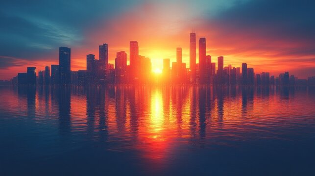 City skyline at sunset reflected in water - Powered by Adobe