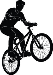 Fototapeta premium Silhouette of aBMX rider performing a wheelie on white background, bmx, bicycle, bike, rider, cyclist, silhouette, man, male, person, sport, extreme sport, trick, stunt, wheelie, riding, action, motio