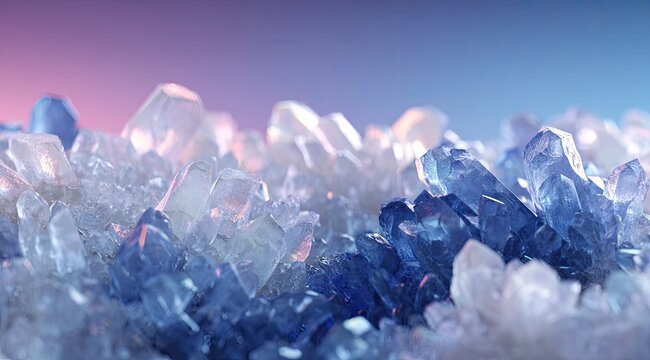 Close-up of a cluster of crystals, pale blue and white,  against a soft gradient background of pink and blue - Powered by Adobe