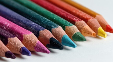 Close-up of colored pencils in various hues, arranged in a row.  The pencils show signs of use, with slightly worn and textured wood.  Sharp points are visible