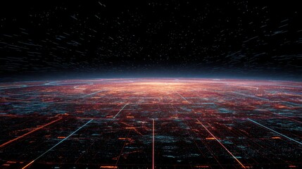 A digital landscape featuring vibrant colors and dynamic lines, resembling a futuristic cityscape at dusk with a starry background, ai tech merged background