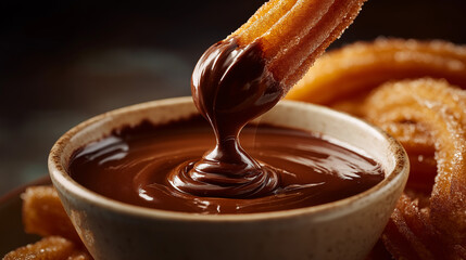churros dipped in thick chocolate sauce