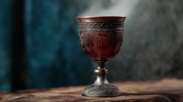 Vintage silver goblet filled with red liquid on wooden surface  