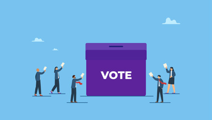 Diverse people hold voting paper checkmark putting in vote box. Voting, poll or employee feedback questionnaire, politic choice, opinion or democracy, election or customer survey, referendum.
