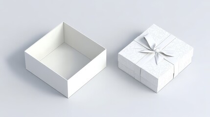 Two White Gift Boxes Sitting on Light Background Studio Shot Overhead View Open and Closed Present Container