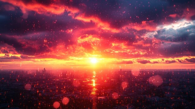 City sunset, fiery clouds, rain - Powered by Adobe