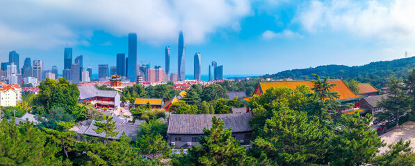 Zhanshan Temple and Central Business District Urban Environment in Qingdao, China