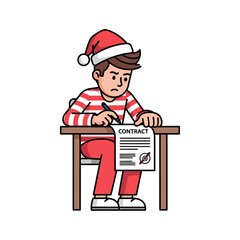 Cartoon character signing christmas contract agreement at desk