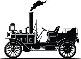 Vintage steam powered automobile with smoke antique, antique, automobile, car, classic, vehicle, transport, transportation, vintage, retro, steam, engine, motor, old, historical, mechanical, technolog