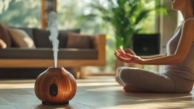 A person meditates near a steaming diffuser in a sunlit room