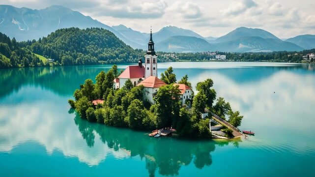 Idyllic island church with red roof surrounded by lush green trees on a tranquil turquoise lake
