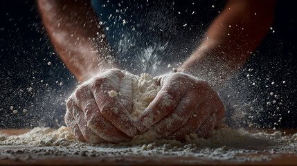 flour falling on hands kneading dough in action