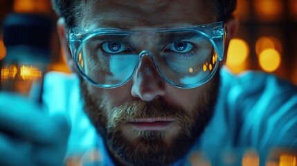 Close-up focused scientist in lab goggles