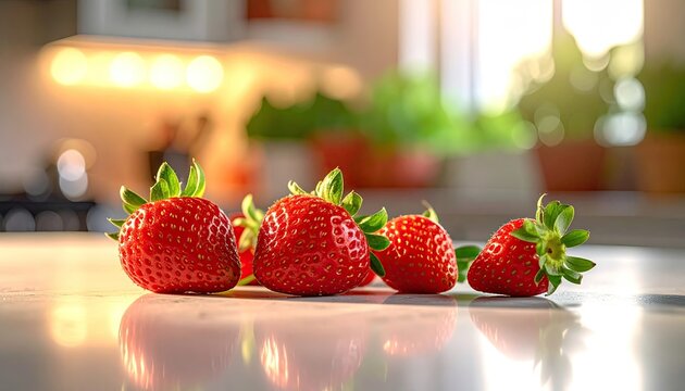 Close up of fresh ripe red strawberries arranged on a reflective white surface with a blurred kitchen background and natural sunlight creating a warm bokeh effect