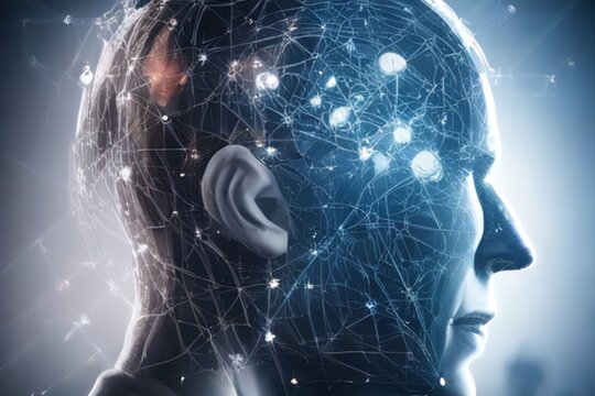 Description: Human-AI collaboration concept. Businessman interface digital icon of a human-AI hybrid head, synergy between human intelligence and artificial intelligence in modern technology and innov