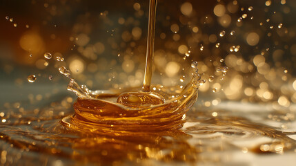slow motion honey drizzle on a surface illuminated by golden light