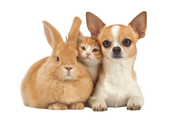 Adorable Trio: Cute Rabbit, Kitten, and Chihuahua Together in a Studio Portrait isolated on a transparent background