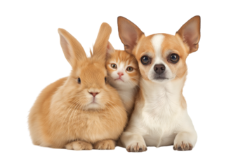 Adorable Trio: Cute Rabbit, Kitten, and Chihuahua Together in a Studio Portrait isolated on a transparent background