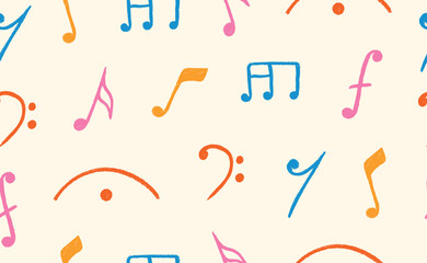 Hand Drawn musical Note seamless pattern with crayon texture. Doodle music Icon. Сolor chalk elements for disco poster, punk rock party. Isolated children vector illustration.