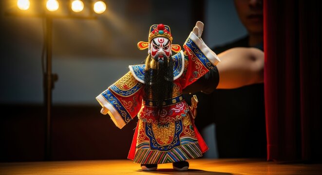 Traditional asian puppet with intricate costume on stage