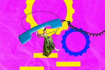 Pop image sketch 3d collage poster of happy duchess girl dance retro telephone device telemarketing talk call center medieval party