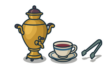 Traditional Russian samovar with a cup of hot tea and metal sugar tongs on a white background