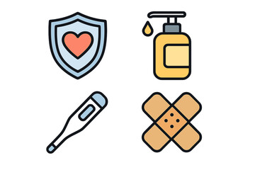 Essential medical and hygiene icons: shield, sanitizer, thermometer, and bandage set