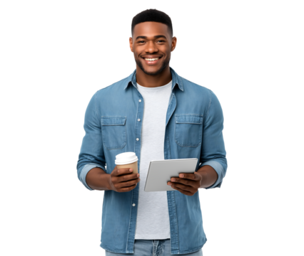 Happy Young African American Man Holding Tablet and Coffee isolated on a transparent background