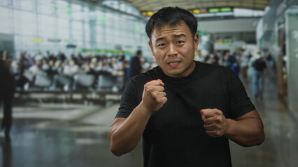 Young chinese man with finger to lips for silence in a busy airport terminal walkway; quiet...