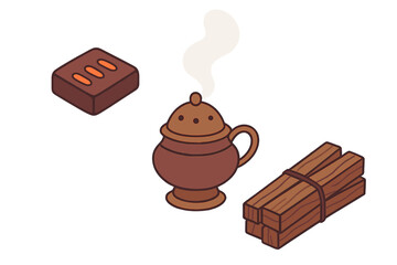 Traditional ceramic incense burner with smoke, aromatic resin block, and bundled wooden sticks