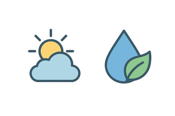 Sun, cloud, water drop, and leaf symbols representing climate, environment, and nature
