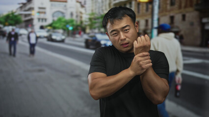 Man grips wrist in pain on a busy urban street lined with blurred taxis and storefronts; pain.