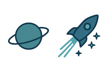 Stylized rocket ship launching into space near a distant ringed planet