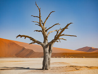 Ancient dead tree stands starkly against vibrant orange desert dunes and endless blue sky, evoking solitude and enduring strength.