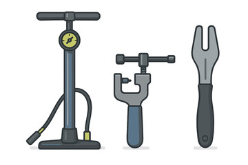 Essential bicycle repair tools including a floor pump, chain breaker, and tire removal lever