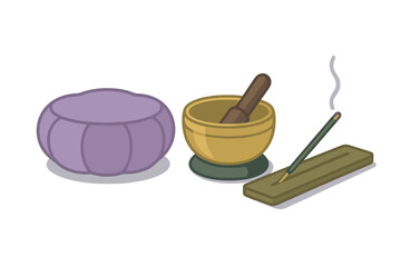 Essential items for meditation practice including a cushion, singing bowl, and burning incense stick