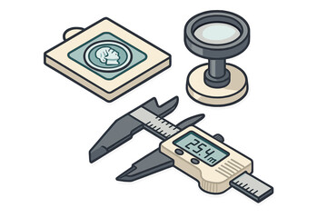 Digital caliper and magnifying glass used for precision quality control inspection