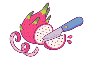 Vibrant pink dragon fruit being sliced with a blue knife, revealing white flesh and black seeds