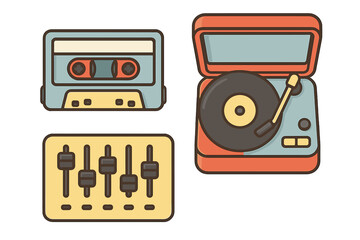 Vintage audio equipment collection featuring cassette tape, portable turntable, and sound mixer controls