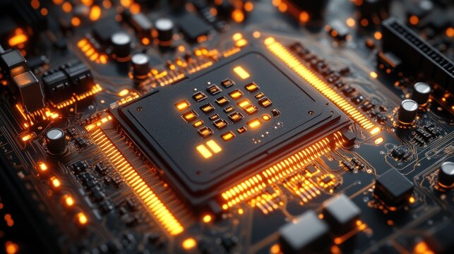 Close-up of glowing CPU on circuit board